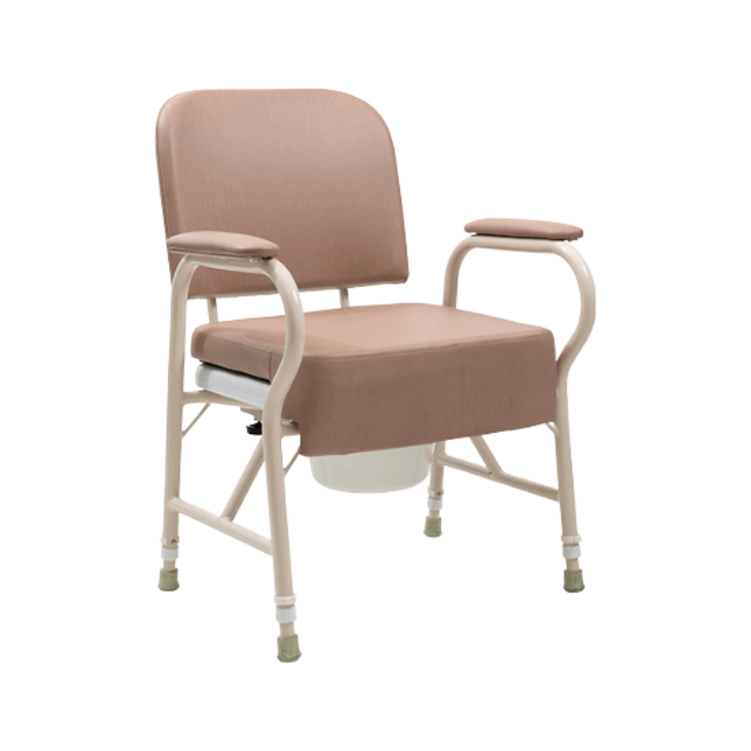 Aspire Maxi Bedside Commode with padded seat, adjustable height legs, and removable bucket for homecare toileting support.