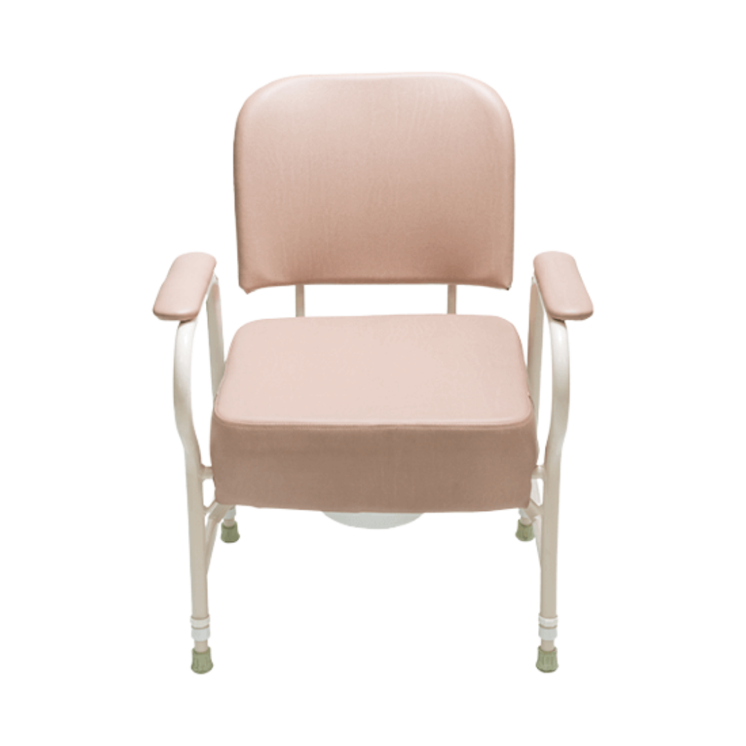 Aspire Maxi Bedside Commode with padded seat, adjustable height legs, and removable bucket for homecare toileting support.