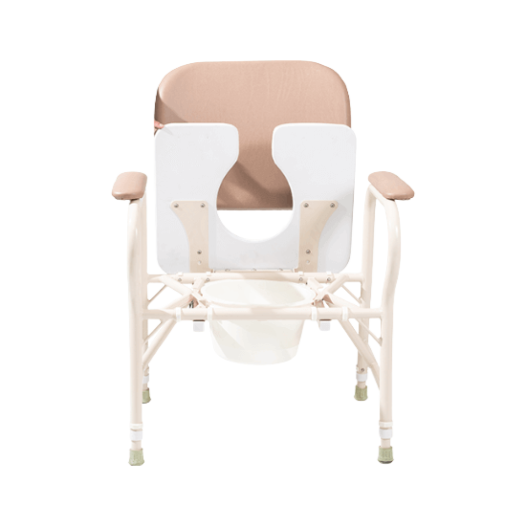 Aspire Maxi Bedside Commode with padded seat, adjustable height legs, and removable bucket for homecare toileting support.