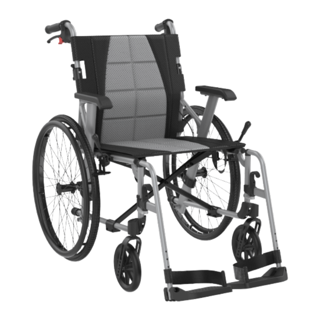 Aspire Socialite Folding Wheelchair with lightweight aluminium frame, padded seat, flip-up armrests, and swing-away footrests in a compact fold-down design.