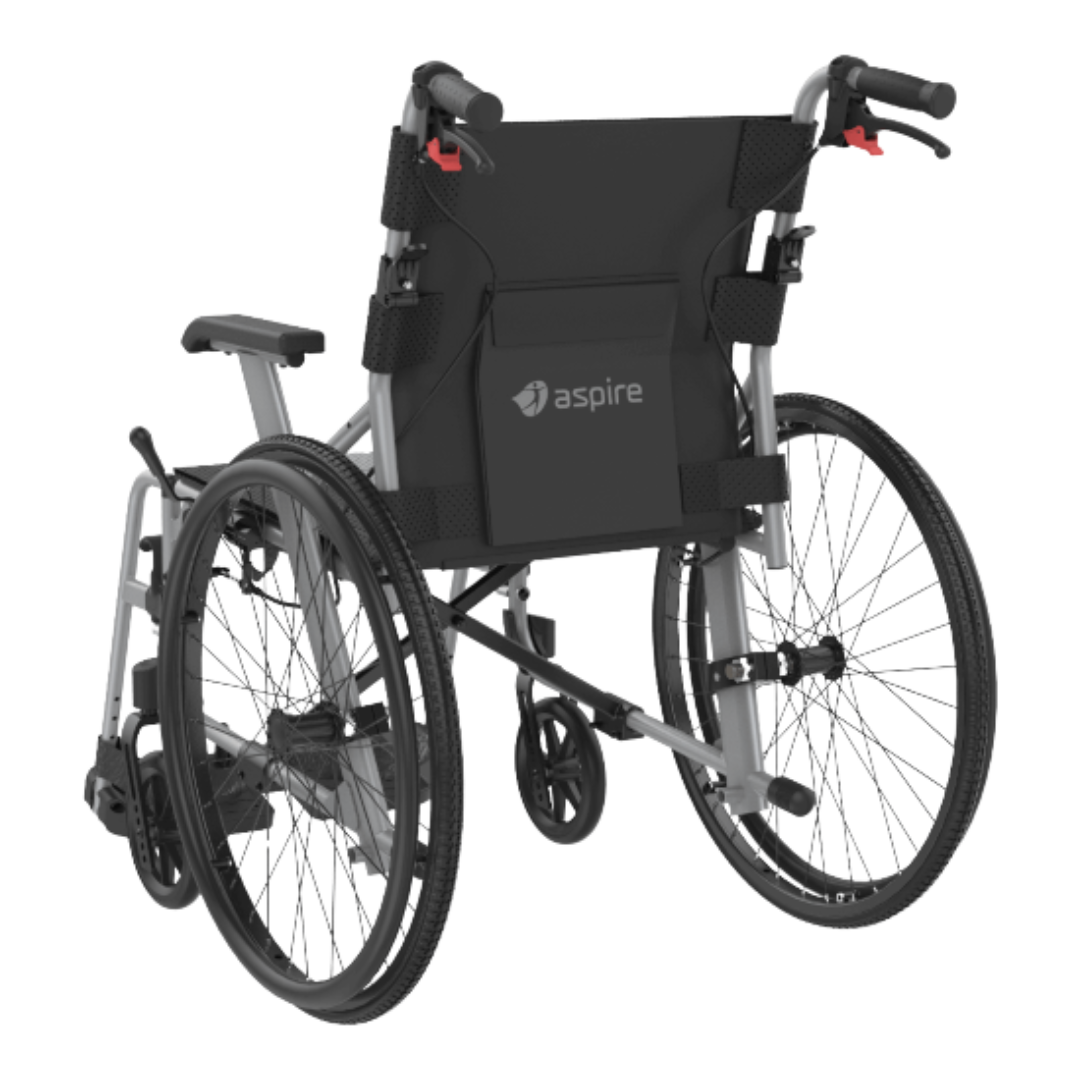 Aspire Socialite Folding Wheelchair with lightweight aluminium frame, padded seat, flip-up armrests, and swing-away footrests in a compact fold-down design.