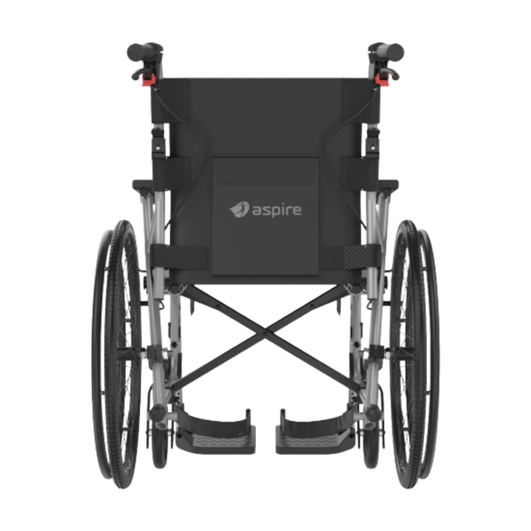Aspire Socialite Folding Wheelchair with lightweight aluminium frame, padded seat, flip-up armrests, and swing-away footrests in a compact fold-down design.