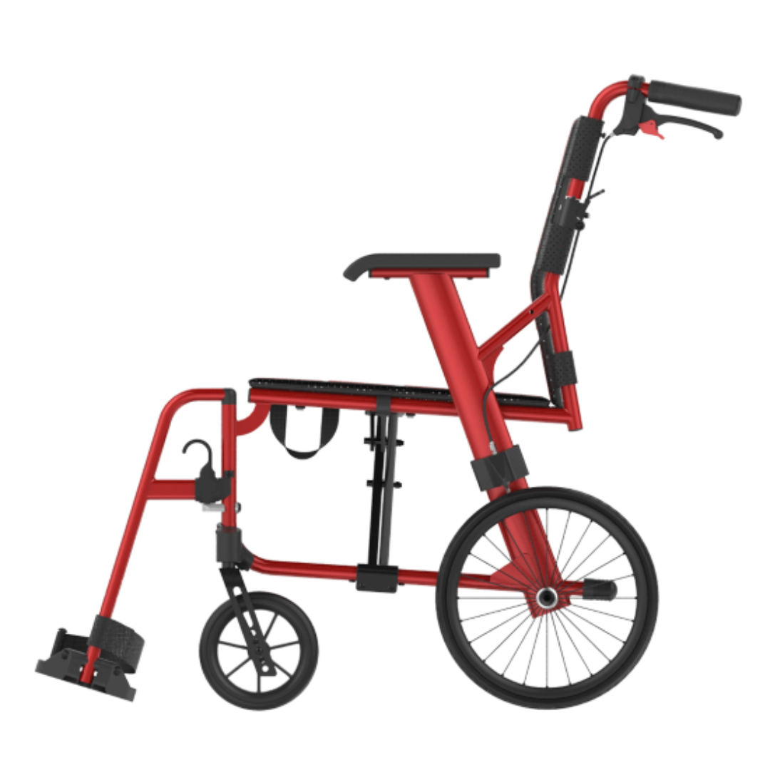Aspire Socialite Folding Wheelchair with lightweight aluminium frame, padded seat, flip-up armrests, and swing-away footrests in a compact fold-down design.