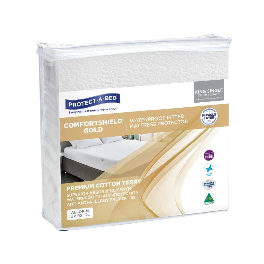 Comfortshield Gold Cotton Terry Waterproof Mattress Protector in King Single size, featuring a soft terry top and breathable waterproof backing for quiet, hygienic mattress protection in home and care settings.
