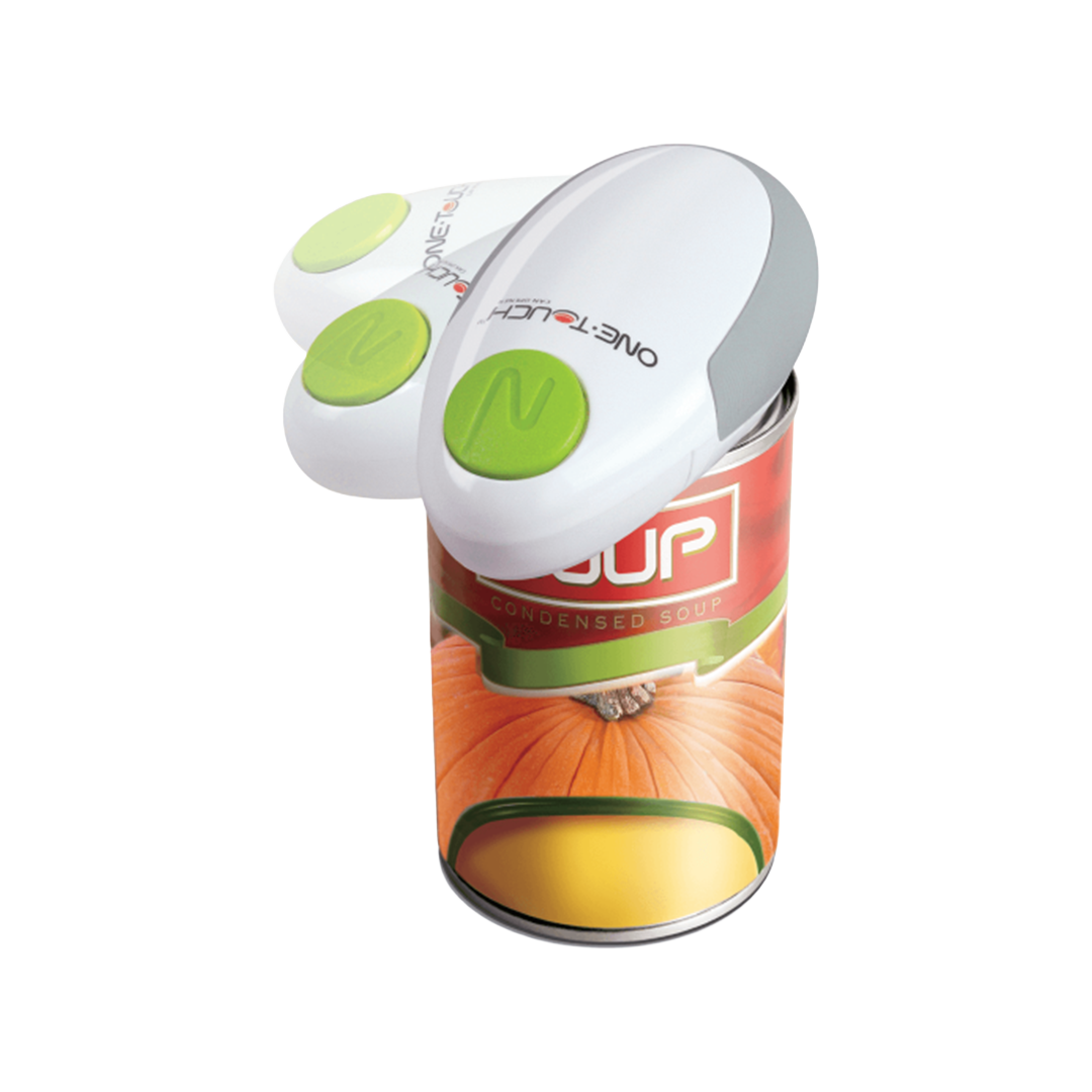 Canned product with a white and green lid on a white background