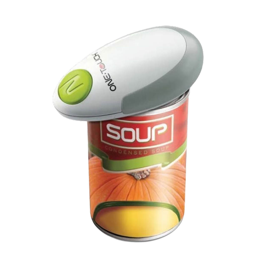 Can opener on a can of soup with a white background
