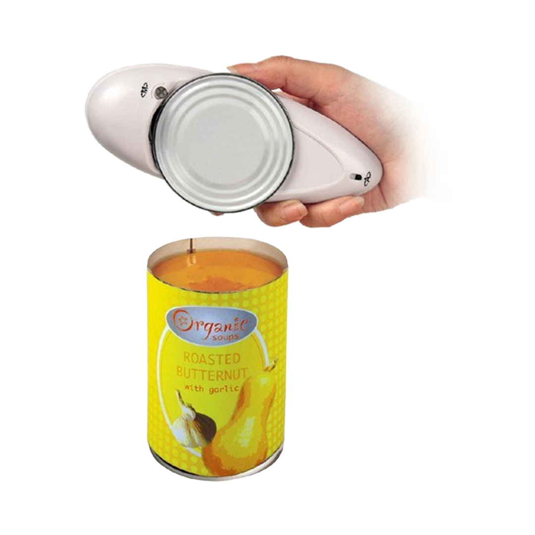 Hand using a can opener on a can of roasted butternut squash with garlic.