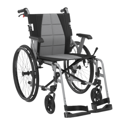 Aspire Socialite Folding Wheelchair with lightweight aluminium frame, padded seat, flip-up armrests, and swing-away footrests in a compact fold-down design.