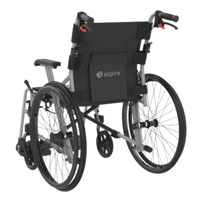 Aspire Socialite Folding Wheelchair with lightweight aluminium frame, padded seat, flip-up armrests, and swing-away footrests in a compact fold-down design.