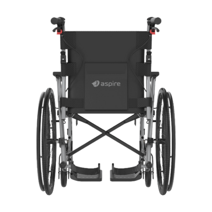 Aspire Socialite Folding Wheelchair with lightweight aluminium frame, padded seat, flip-up armrests, and swing-away footrests in a compact fold-down design.