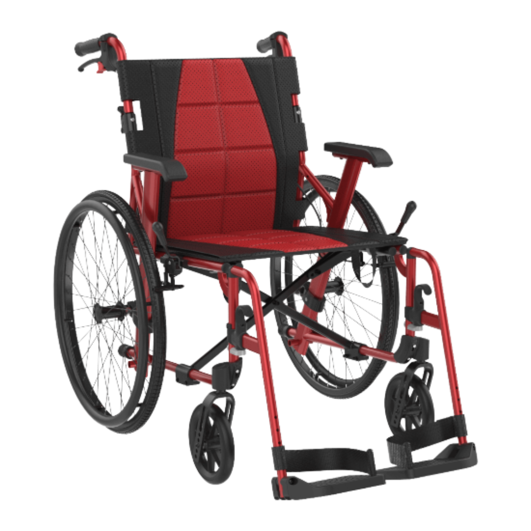 Aspire Socialite Folding Wheelchair with lightweight aluminium frame, padded seat, flip-up armrests, and swing-away footrests in a compact fold-down design.