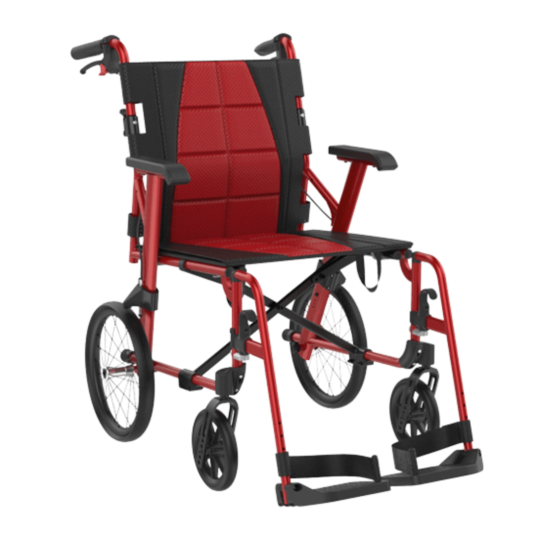 Aspire Socialite Folding Wheelchair with lightweight aluminium frame, padded seat, flip-up armrests, and swing-away footrests in a compact fold-down design.