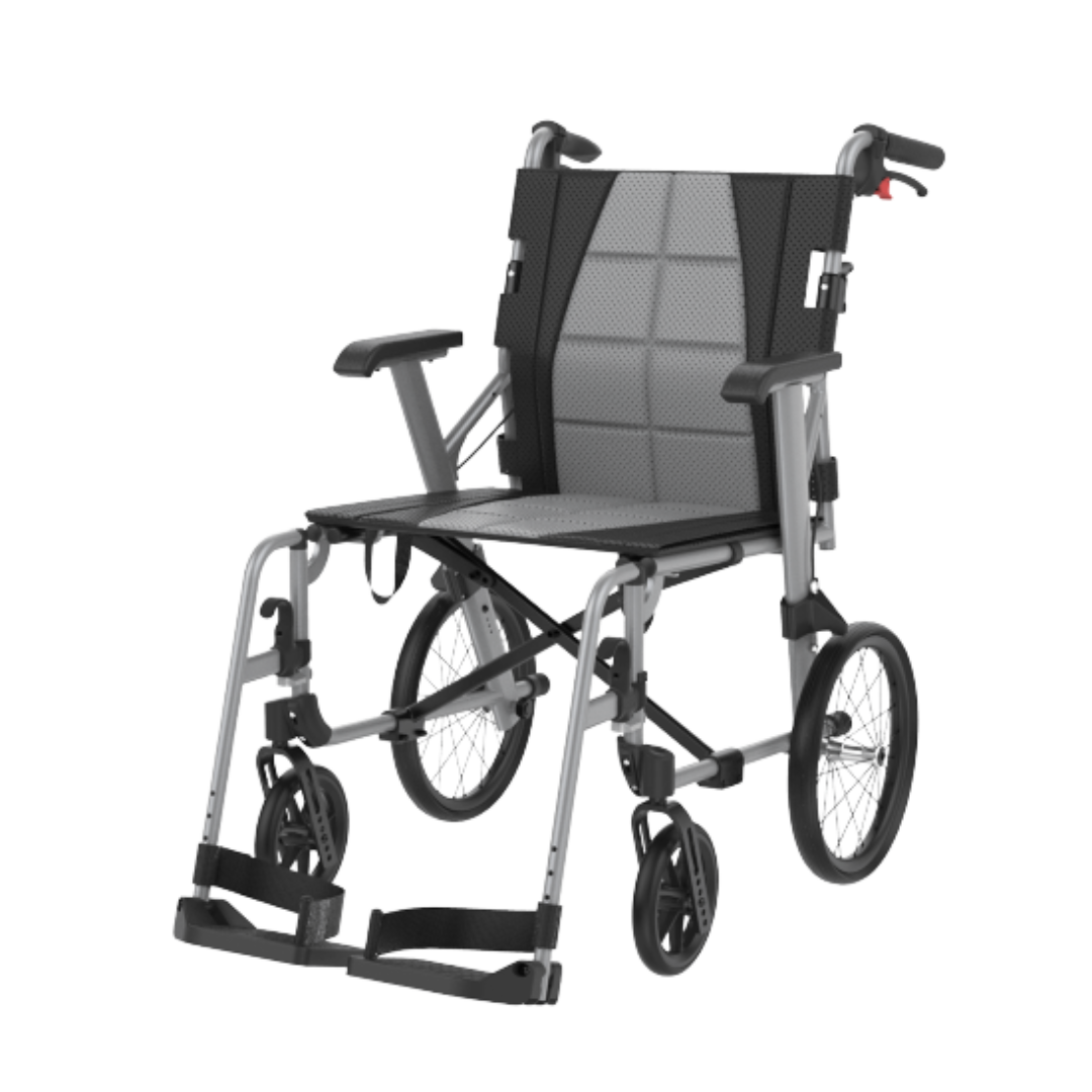Aspire Socialite Folding Wheelchair with lightweight aluminium frame, padded seat, flip-up armrests, and swing-away footrests in a compact fold-down design.