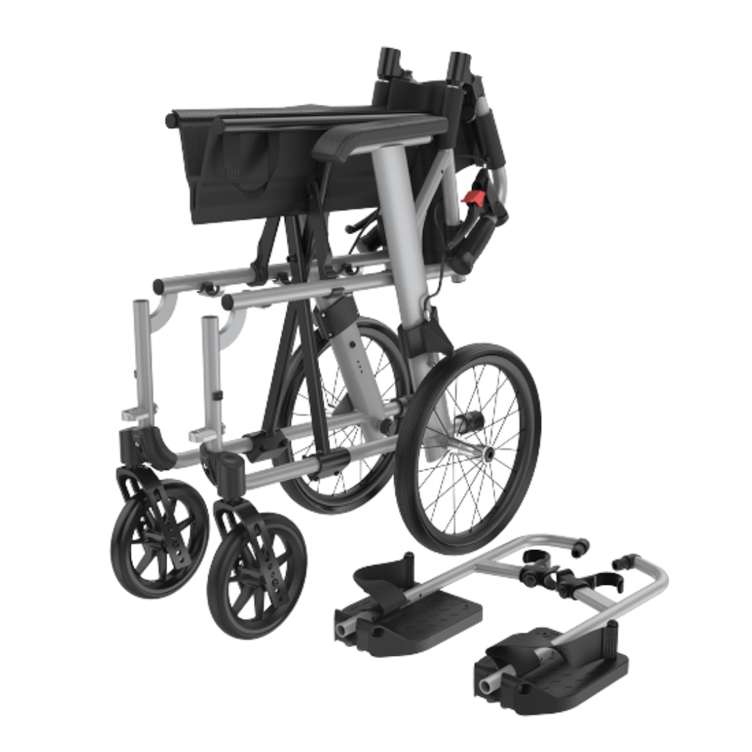 Aspire Socialite Folding Wheelchair with lightweight aluminium frame, padded seat, flip-up armrests, and swing-away footrests in a compact fold-down design.