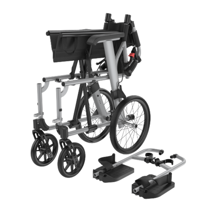 Aspire Socialite Folding Wheelchair with lightweight aluminium frame, padded seat, flip-up armrests, and swing-away footrests in a compact fold-down design.