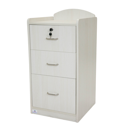 Beech woodgrain bedside cabinet with single-lock drawer and castor wheels, designed for secure, mobile, and hygienic storage in healthcare and aged care settings.