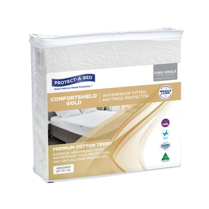 Comfortshield Gold Cotton Terry Waterproof Mattress Protector in King Single size, featuring a soft terry top and breathable waterproof backing for quiet, hygienic mattress protection in home and care settings.