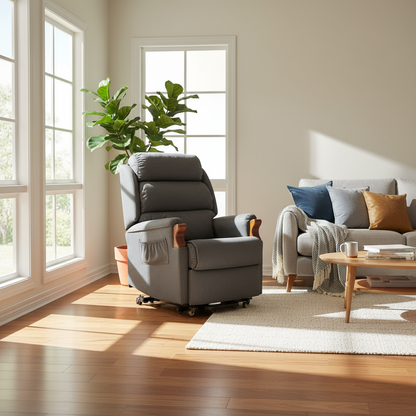 Living room with a gray recliner chair, sofa, and coffee table.