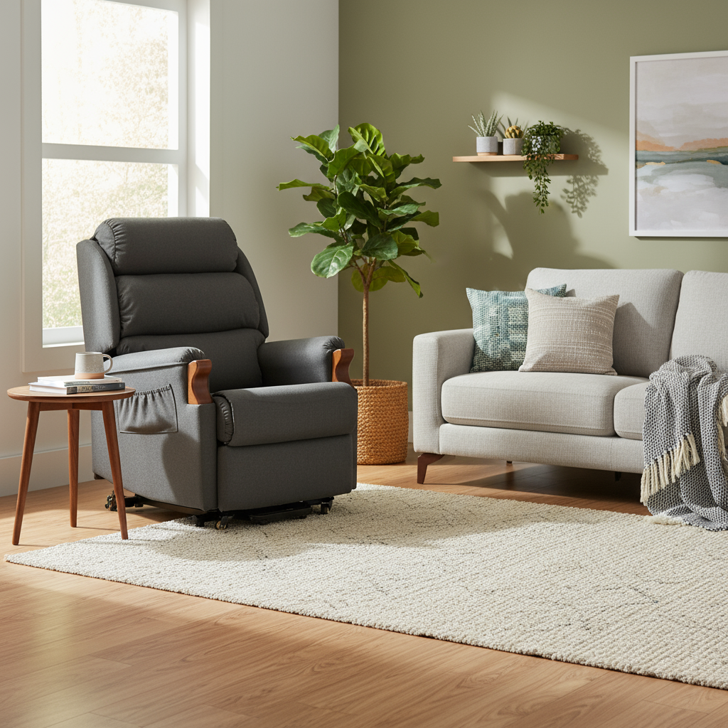 Living room with gray recliner chair, white sofa, and decorative plants.